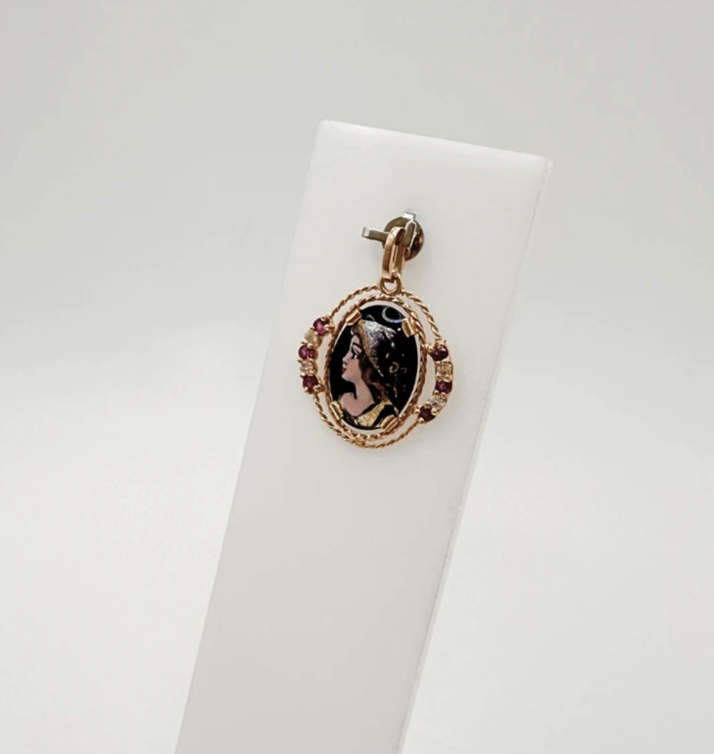 Pendentif or jaune email de limoge pierres roses et diamants x4 – Image 2