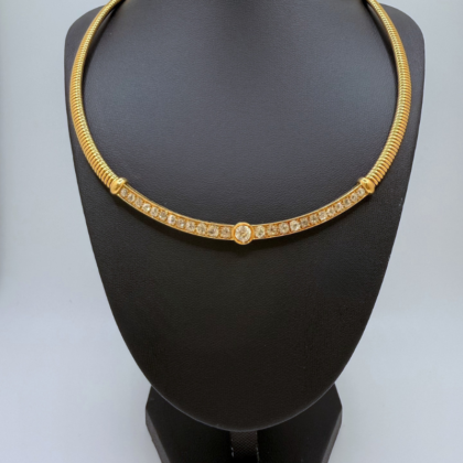 Collier ras-de-cou diamants en taille ancienne, 2 K environ, maille accordéon - or jaune